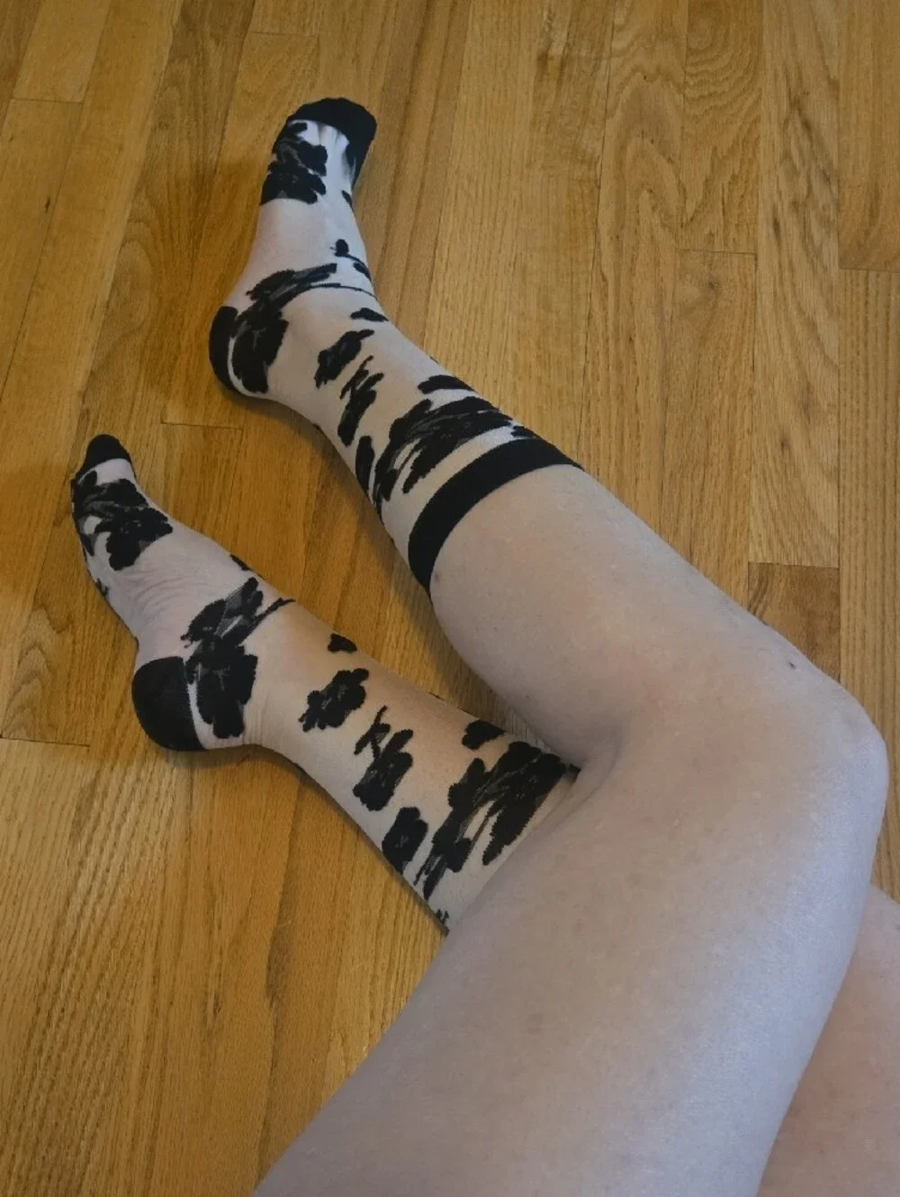 Women's Black And Sheer Floral Nylon Socks